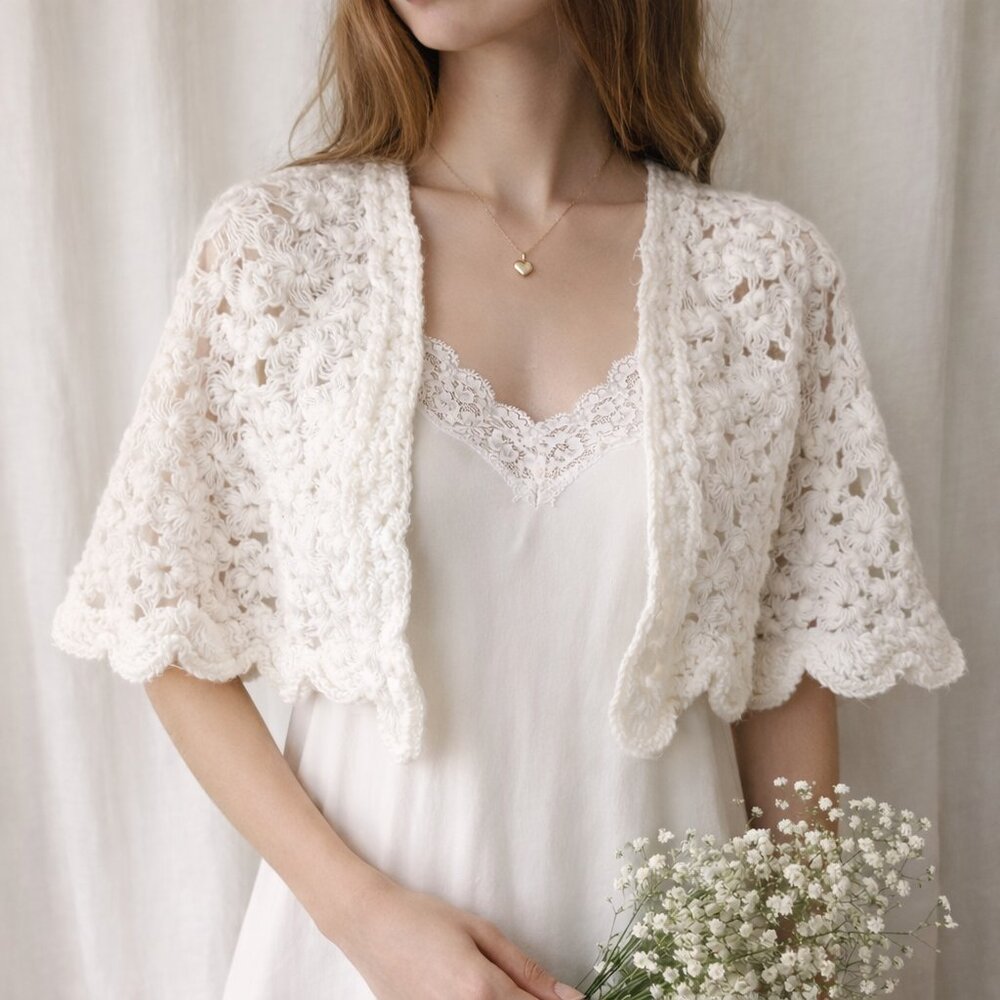 Vintage Crochet Shawl Capelet White Scalloped Cottagecore Made in Japan